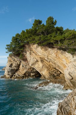 A dramatic rocky cliff with layered rock formations and pine trees growing at the top, overlooking the blue sea under a clear sky.  clipart