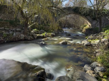 Bereketli bitki örtüsü ve kayalarla çevrili antik bir taş köprünün altından akan bir nehrin manzarası sakin bir doğal manzara yaratıyor.
