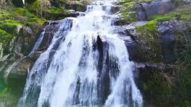 Beyazsu, canlı yeşil yosunlarla kaplı kayalık bir yamaçtan aşağı düşer ve büyüleyici bir doğal manzara yaratır.