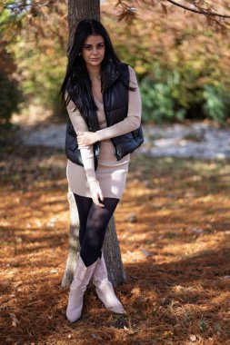 Güneşli bir günde sonbahar modasına uygun giyinmiş bir kadın ağaç gövdesinin yanında duruyor.