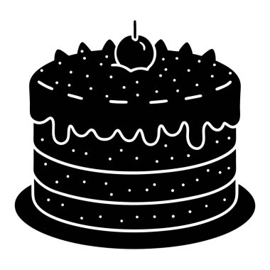 Simple black and white illustration of a layered cake with cherries. clipart