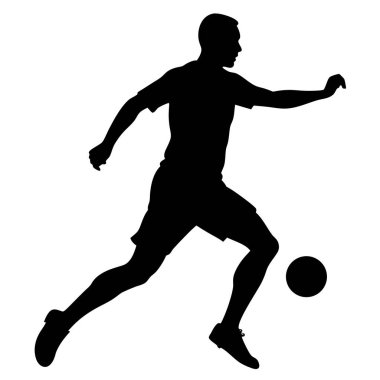 Bir futbolcunun silueti topa vuruyor ve hareket eden insanları resmediyor.