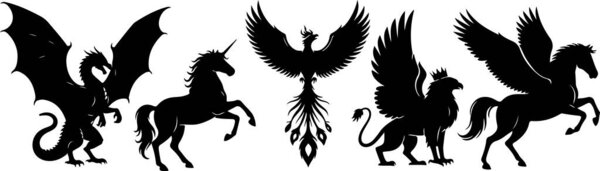 Silhouette collection of mythical creatures on white...