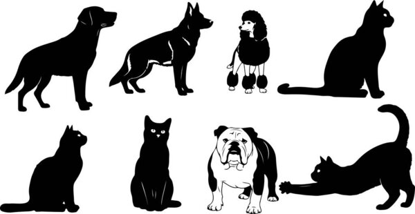 Коллекция силуэтов собак и кошек ...