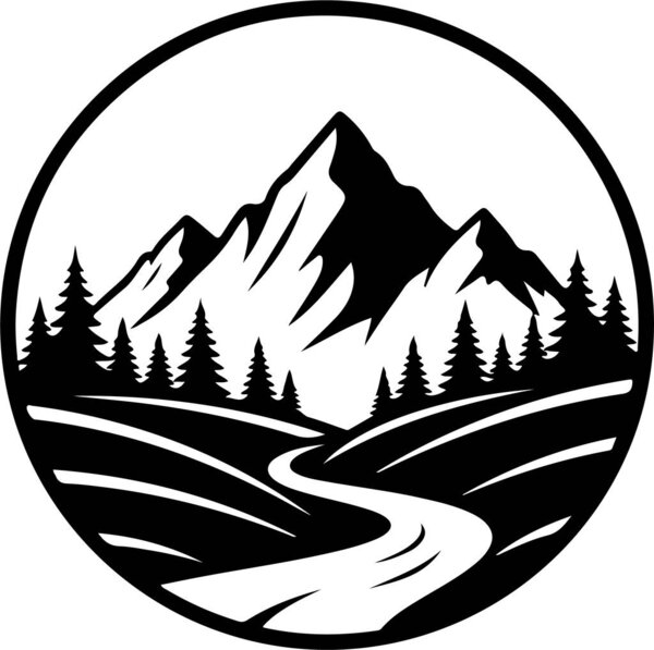 Circular emblem of mountain landscape with river and trees
