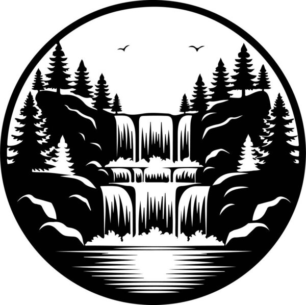 Овальный силуэт водопада с деревьями и птицами