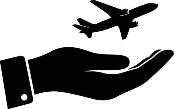 Hand holding airplane silhouette icon on white background