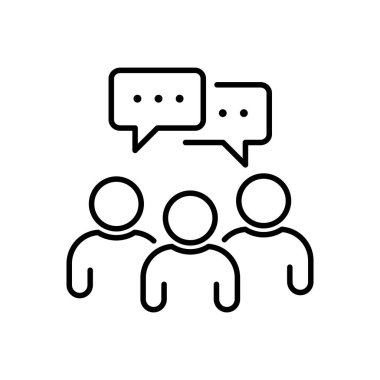 İnce çizgi takım çalışması ikonu, sanal giysi odası ya da sohbet odası gibi. Basit bir anahat trend modern düşünce logotip grafik çizgi vuruşu sanat tasarımı beyaza izole edilmiş. Konuşma baloncuğu olan üç kişi kavramı