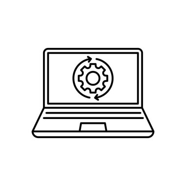 İnce çizgi dizüstü bilgisayar ve vites kutusu güncelleme gibi. lineart style trend modern logotype inme sanatı tasarımı web elementi beyaz arka planda izole edildi. Geliştirme konsepti veya hizmet rozeti devretme
