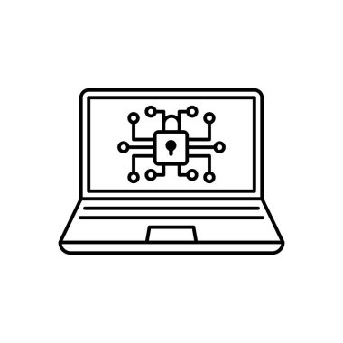 Siber güvenlik ikonu. İzole edilmiş dizüstü bilgisayar ve siber güvenlik ikonu tarzı. Logo web mobil uygulaması UI için kaliteli vektör çizimi kavramı