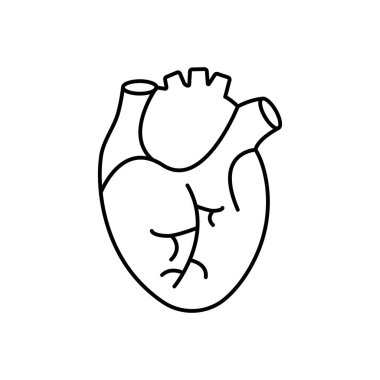 Kalp yassı çizgi ikonu. İnsan iç organının ince piktogramı, kardiyoloji kliniği için özet çizimi.