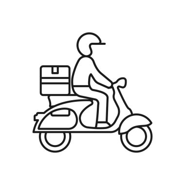Motosiklet simgesine binen hızlı teslimatçı, uygulamalar ve web siteleri için Pictogram düz tasarım, iz sürme ve iz sürme durumu, beyaz arka planda izole edilmiş, Vektör illüstrasyonu