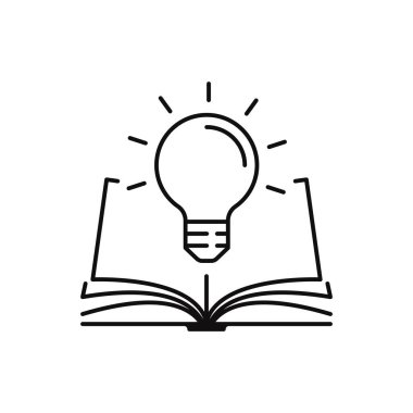 Ampullü açık kitap, kavram yeni bilgi, çalışmada bilgelik, yaratıcı fikir, beyaz arka planda ince çizgi sembolü