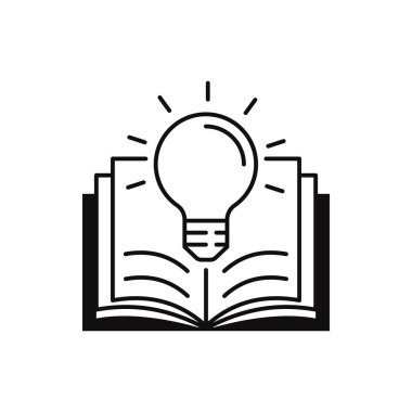 Ampullü açık kitap, kavram yeni bilgi, çalışmada bilgelik, yaratıcı fikir, beyaz arka planda ince çizgi sembolü