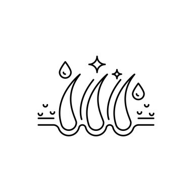 Saç bakımı ikonu, kayıp tedavisi, kreatinin nemlendirilip uygulanması, sağlıklı kökler, folikül serumu, beyaz arka planda ince çizgi sembolü