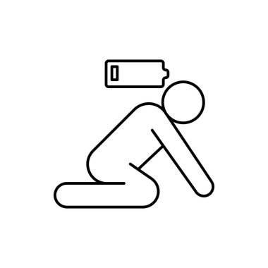 Yorgun insan simgesi, yorgunluk ya da yorgunluk, pil eksikliği, düşük şarj, tükenmiş işyeri, stres, beyaz arka planda ince çizgi sembolü