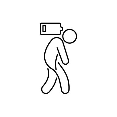 Yorgun insan simgesi, yorgunluk ya da yorgunluk, pil eksikliği, düşük şarj, tükenmiş işyeri, stres, beyaz arka planda ince çizgi sembolü