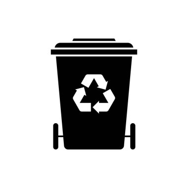 Geri dönüşüm işaretli çöp kutusu simgesi. Çöp kutusu ya da geri dönüşüm sembollü sepet. Vektör illüstrasyonu.