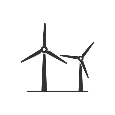 Rüzgar gücü ikonu. Basit, katı bir stil. Değirmen, siluet, çiftlik, piktogram, tekerlek, güç, teknoloji, kule, güç, enerji alternatif konsepti. Vektör illüstrasyonu beyaz arkaplanda izole edildi