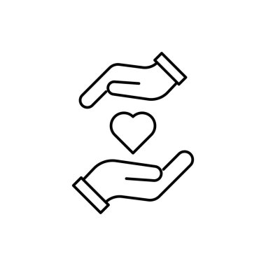 dikkat simgesi, eller hayat kurtarır, ellerinde kalp, beyaz arkaplanda ince çizgi ağ sembolü - düzenlenebilir çizgi çizimi