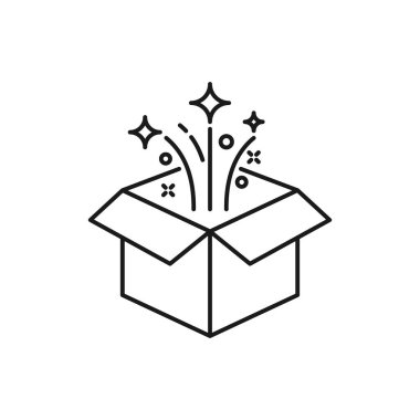 Sihirli kutu ana hatları simgesi. Mobil konsept ve web tasarımı için doğrusal biçim işareti. Hediye kutusunu aç ve sihirli yıldızlar basit çizgi vektör simgesi olsun. Sembol, logo illüstrasyonu