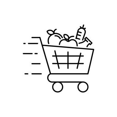 Alışveriş arabası ikonu. Basit taslak biçimi. Yiyecek ve meyve arabası, süpermarket, sepet kasası konsepti. Vektör illüstrasyonu beyaz arkaplanda izole edildi.