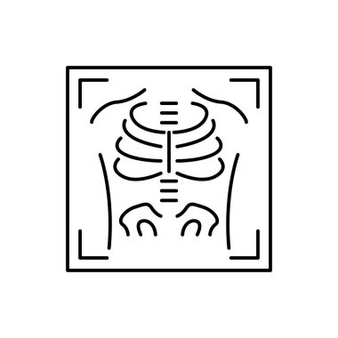 Röntgen çizgisi simgesi. Basit taslak biçimi. Radyoloji, göğüs, tarama, tıbbi, iskelet, kemik, teknoloji, tıbbi konsept. Beyaz arkaplanda vektör çizimi izole edildi. İnce çizgi.