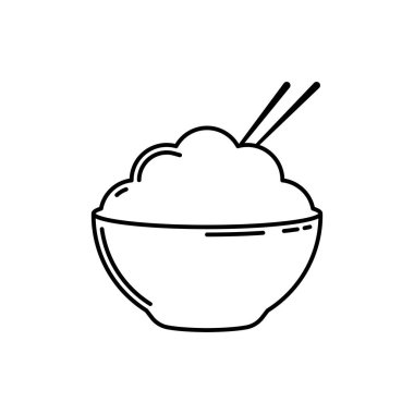 Pirinç kasesi ve yemek çubuğu vektör ikonu. Asya gıda sembolü