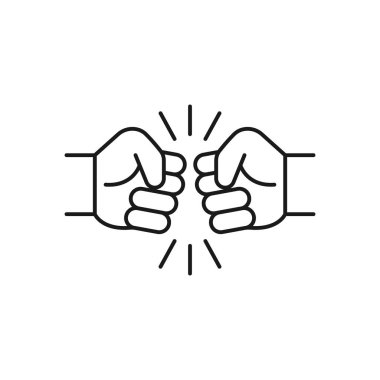 Yumruk çizgisi simgesi. Uygulamalar ve web siteleri için kardeş yumruğu çakma ya da beş poundluk taslak tarzı güç. El kardeşi saygısı, etkisi ve tokalaşması. Beyaz arkaplanda vektör illüstrasyonu. Düzenlenebilir vuruş EPS 10