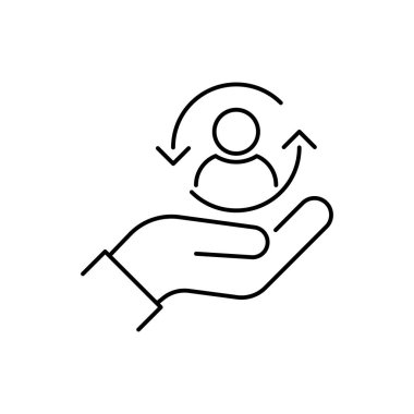 İnce çizgi biçimli müşteri simgesi, müşteri kapsayıcı hizmet, beyaz arkaplanda izole edilmiş çizgi sembolü