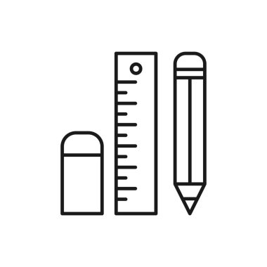 Silgi, cetvel, kalem simgesi. Beyaz arkaplanda çizgi vektör simgesi. yüksek kalite tasarım elemanları. Düzenlenebilir doğrusal vuruş. vektör simgesi.