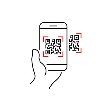 qr kod simgesini tara, telefonla ödeme eli, tarayıcı uygulaması, beyaz arkaplanda ince çizgi sembolü - düzenlenebilir vuruş vektörü