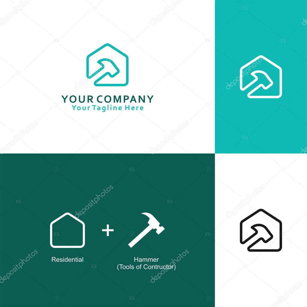 Contractor company logo made from the shape of a house and a hammer