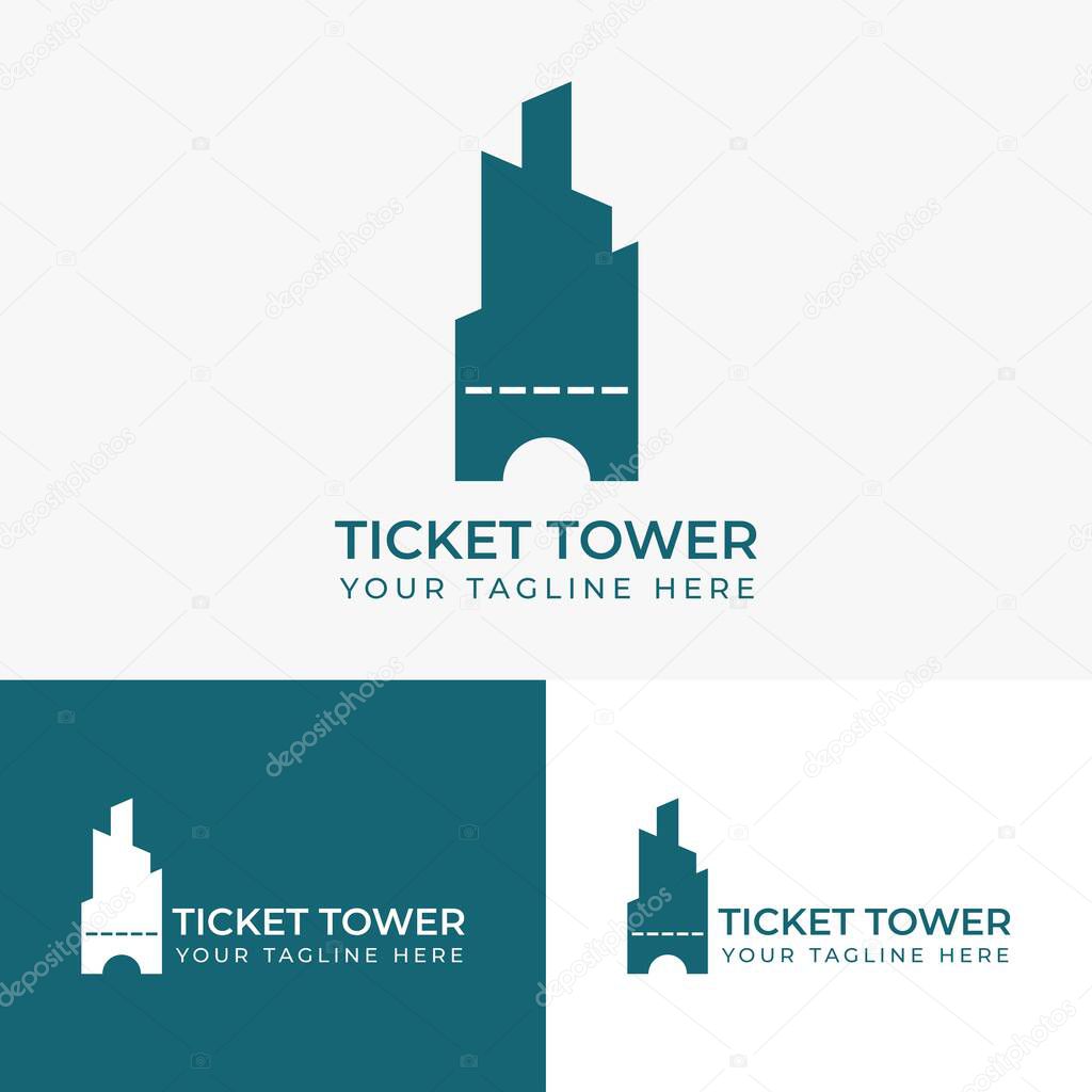 Vector tower ticket logo, combination ticket symbol with building icon, for ticket sales logo