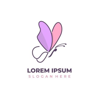 Yumuşak mor ve pembe renkte güzel kelebek logosu vektörü, çizgi sanatı tarzında kelebek simgesi