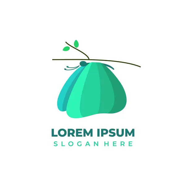 Bir ağaç gövdesine konmuş güzel bir kelebeğin vektör logosu, turkuaz renkli.