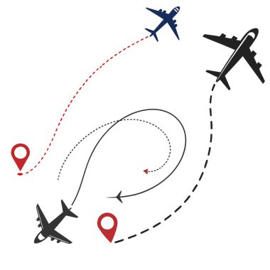 Uçak Noktalı Hattı. Uçak hattı rota vektör konsepti. Seyahat yolu simgesi ayarlandı. Seyahat yeri, varış noktaları olan noktalı yol haritası. Vektör illüstrasyonu EPS 10