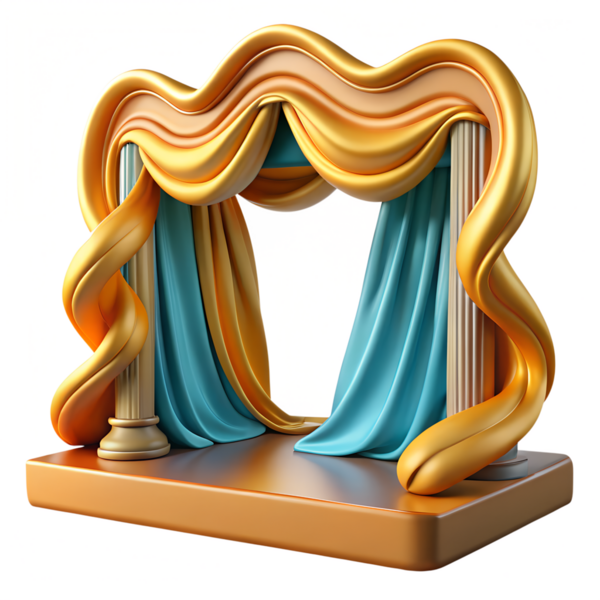 Абстрактный трехмерный рендер: элегантные золотые и тиковые драпированные занавески с классическими колонками на сцене.