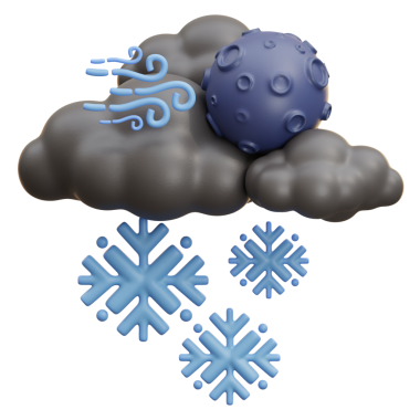 Ay ve gezegenle karlı bir gece. Çizgi film 3 boyutlu.