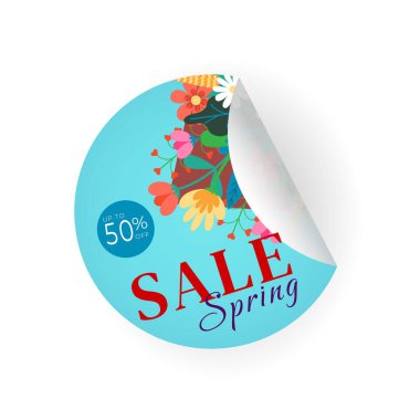 Mavi arka planda çiçekler olan bahar indirimi etiketi