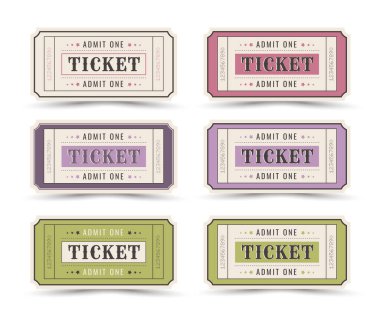 Retro sinema seti, tiyatro, krema, kırmızı, yeşil ve krema üzerine festival biletleri. Vektör illüstrasyonu