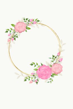 Düğün davetiyesi arka planında pembe renkli suluboya güller ve beyaz arka planda altın rengi. Vektör illüstrasyonu