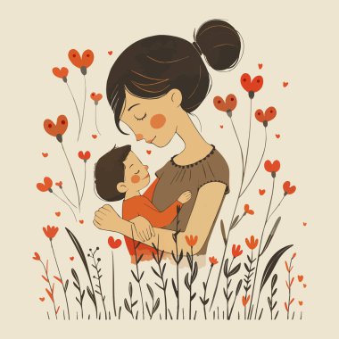 Pastel arka planda yumuşak renklerde çocuk bedeni olan bir kadın. Anneler Günü. Vektör illüstrasyonu