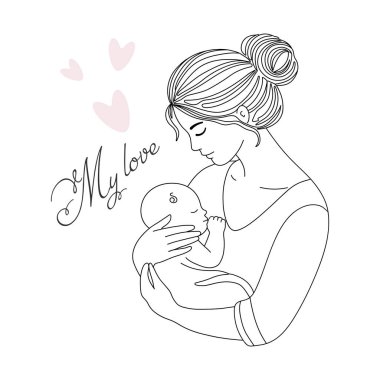 Beyaz arka planda, üzerinde yazı olan düz çizgili çocuk resmi olan bir kadın. Anneler Günü. Vektör illüstrasyonu