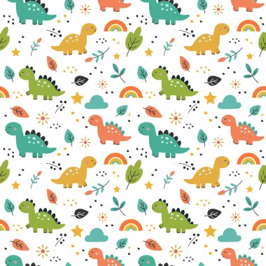 Şirin bir dinozor deseninin kusursuz vektör çizimi. Renkli tarih öncesi hayvanlar, yapraklar, gökkuşakları ve yıldızlar eğlenceli ve eğlenceli bir tasarım yaratırlar. Çocuk tekstil ürünleri, duvar kağıtları ve baskılar için mükemmel..