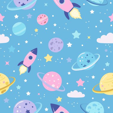 Açık mavi bir arkaplanda kusursuz bir vektör alanı deseni. Gezegenler, yıldızlar, roketler ve pembe, mor ve sarı tonlarda kuyruklu yıldızlar. Çocuk tasarımı, tekstil, ambalaj kağıdı ve parmak izi için ideal..