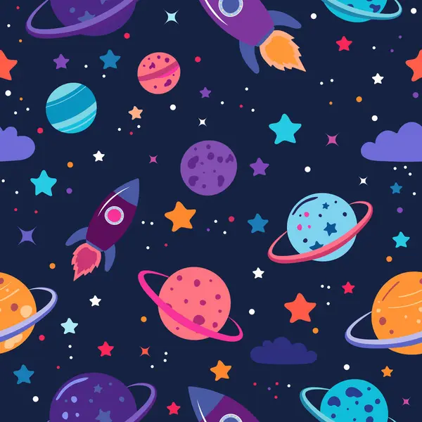 Koyu mavi arka planda kusursuz vektör alanı deseni. Gezegenler, yıldızlar, roketler ve pembe, mor, mavi ve turuncu tonlarda kuyruklu yıldızların özellikleri. Tekstil, duvar kağıtları, çocuk tasarımları ve kozmik temalı baskılar için idealdir..