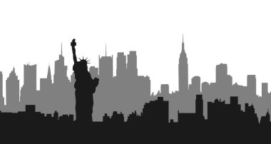 New York şehrinin silueti, önünde Özgürlük Anıtı olan silueti. Minimalist siyah ve gri şehir manzarası. Seyahat, kentsel tasarım ve dijital projeler için mükemmel.