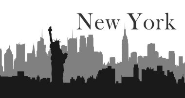 New York şehrinin silueti, önünde Özgürlük Anıtı olan silueti. Minimalist siyah ve gri şehir manzarası. Seyahat, kentsel tasarım ve dijital projeler için mükemmel.
