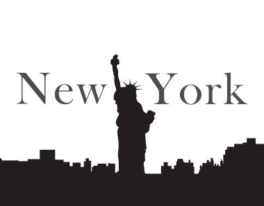New York şehrinin silueti, önünde Özgürlük Anıtı olan silueti. Minimalist siyah ve gri şehir manzarası. Seyahat, kentsel tasarım ve dijital projeler için mükemmel.